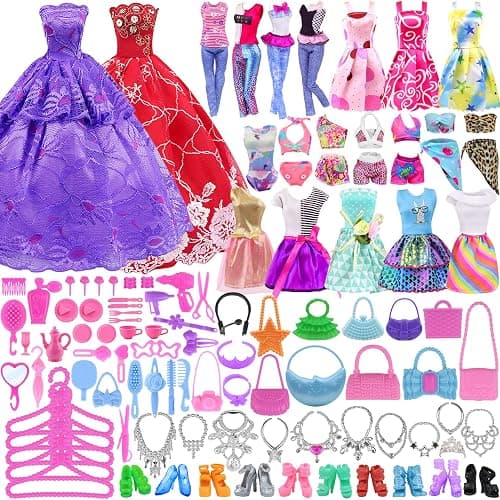 Ecore Fun 120 Pcs Fashion Doll Closet Wardrobe for Clothes and Accessories Storage Include Clothes, Dresses, Shoes, Shoes Rack, Bags, Necklace, Hangers for 11.5 Inch Girl Doll Clothes thumbnail 5