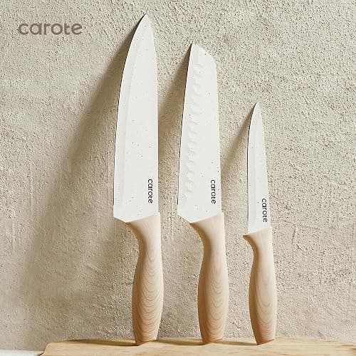 CAROTE 12PCS Knife set with Blade Guards,Granite Nonstick Ceramic Coating,Stainless Steel blade, Wood Grain Handle, Essential knife set,White thumbnail 7