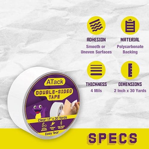 ATack Clear Double-Sided Tape, Easy Tear by Hand, 2 Inches x 30 Yards, Wall Safe Heavy Duty Double Sides Self Sticky Wall Fabric Tape for Wood Templates, Furniture, Leather, Curtains and Craft thumbnail 2