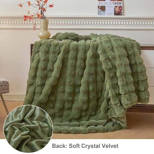 LIFEREVO Fluffy Faux Rabbit Fur Bubble Throw, Plush Shaggy Blanket for Couch Sofa Chair, Soft Cute Moss Furry Blanket Adults Kids Teens Girls, Fuzzy Throw for Bedroom Living Room, 50x60, Sage Green thumbnail 3