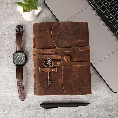 Leather Journal with Unlined Deckle Edge Paper 8x6 inch and Vintage Key | Handmade Writing Notebook Diary | Bound Daily Notepad for Men & Women Medium, Sketch/Writing pad for Artists thumbnail 7