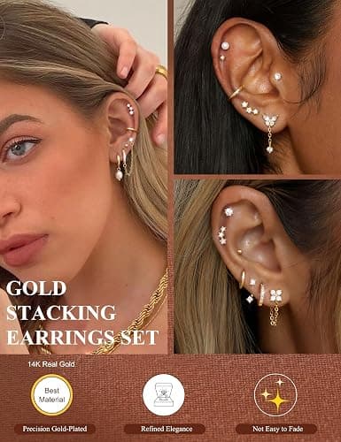LOLIAS Hypoallergenic Flat Back Earrings Set for Women-Surgical Stainless Steel Earrings for Sensitive Ears-14K Gold Plated Cartilage Earring Stacks Flatback Stud Hoop Earring Sets for Multiple Piercing Jewelry thumbnail 3