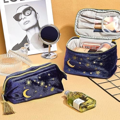 Patelai 2 Pcs Velvet Makeup Bag Moon Stars Cosmetic Bags Goth Embroidered Makeup Pouch Portable Travel Starry Pouch Toiletry Wash Bags Cute Storage Clutch Handbags for Women Gifts(Navy Blue) thumbnail 2