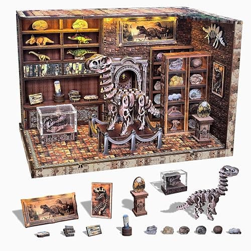 FLYINTOYS Book Nook Kit, DIY Miniature Dollhouse Booknook Kit for Adults and Teens, 3D Wooden Puzzle Bookshelf Crafts Kits with LED Light for Family and Friends (Dinosaur Research Institute) - Image 1