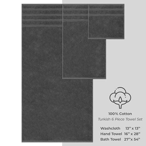 American Soft Linen Luxury 6 Piece Towel Set, 2 Bath Towels 2 Hand Towel 2 Washcloths, 600 GSM 100% Cotton Turkish Towels for Bathroom, Dark Gray Towel Sets thumbnail 4