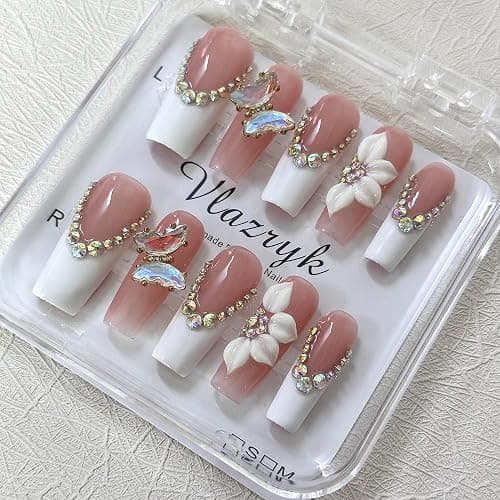 Luxury Handmade Press on Nails - Long Square White French Tips Press on Nai,l with Almond 3D Rhinestones, Flowers & Butterflies, Acrylic Multi-Layer Gel False Nails for Women (10Pcs) thumbnail 8