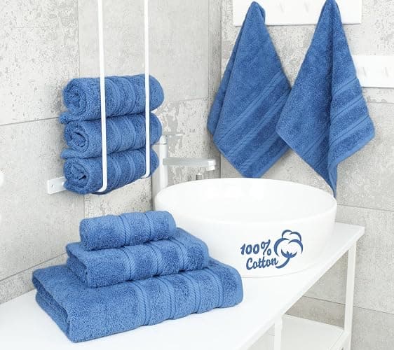 American Soft Linen Luxury 6 Piece Towel Set, 2 Bath Towels 2 Hand Towel 2 Washcloths, 600 GSM 100% Cotton Turkish Towels for Bathroom, Electric Blue Towel Sets thumbnail 2