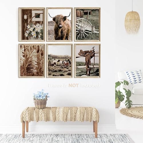 Vintage Cute Cow Wall Art Cow Horse Decor Farmhouse Wall Decor Rustic Nature Western Boho Neutral Country Art Print Painting for Home Office Bedroom Bathroom Living Room, 8x10" 6Pcs, Unframed thumbnail 5