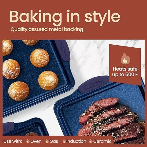 BAKKEN Kitchen Baking Pan Set - Nonstick Coating, Carbon Steel Bakeware Sets with Blue Silicone Handles, Baking Kitchen Essentials, PFOA, PFOS, PTFE Free, Oven Safe Tray (Up To 450° F), Set of 6 thumbnail 8