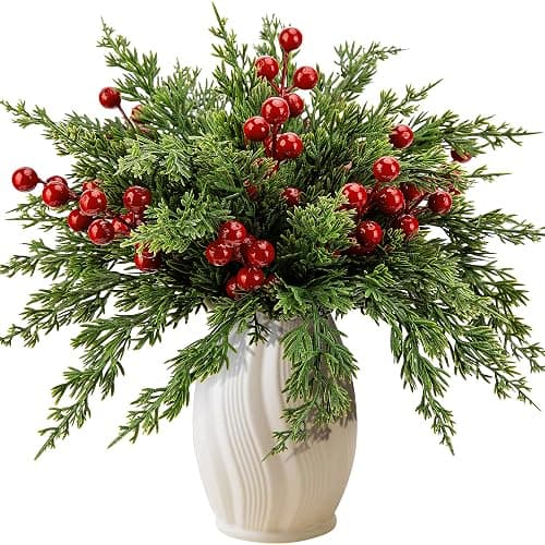 Watayo 45 Pcs Christmas Artificial Pine Branches with Red Berry Stems, 10.5" Faux Evergreen Norfolk Pine Cypress Leaves Stems, Fake Foliage Pine Needles Picks for DIY Craft Garland Home Decor - Image 1