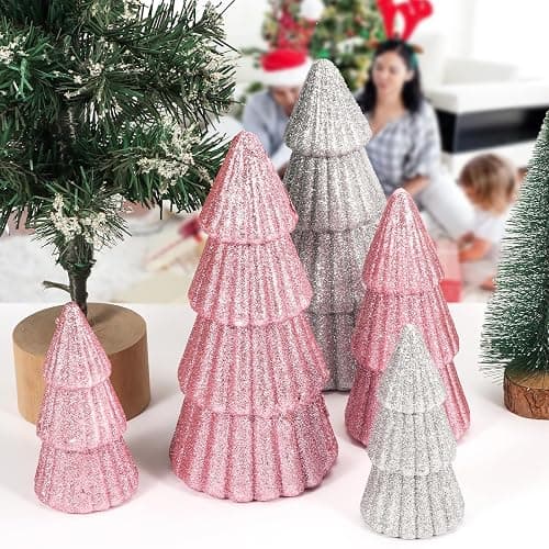 6Pcs Pink Christmas Decor, Tabletop Pink Christmas Tree for Christmas Decorations Xmas Centerpiece for Table Mantel Home Decor thumbnail 6
