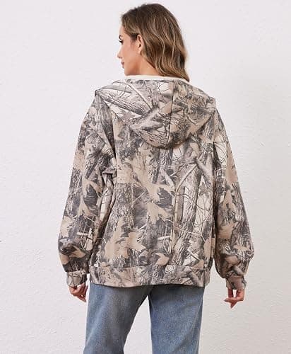 Eutten Womens Camo Zip Up Hoodie Long Sleeve Maple Leaf Print Oversized Hooded Jacket Fleece Full Zip Sweatshirt with Pockets thumbnail 2