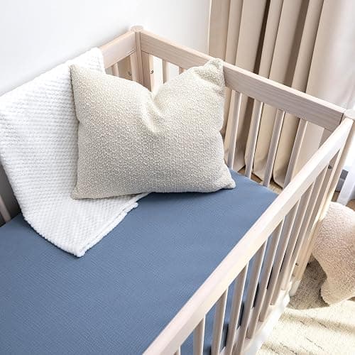 ROMY RO Muslin Crib Sheets, 100% Organic Cotton, Breathable and Ultra-Soft, Standard Crib Sheet Mattress (28"x 52") for Girls and Boys, Neutral Fitted Baby Crib Sheet (Blue) thumbnail 2
