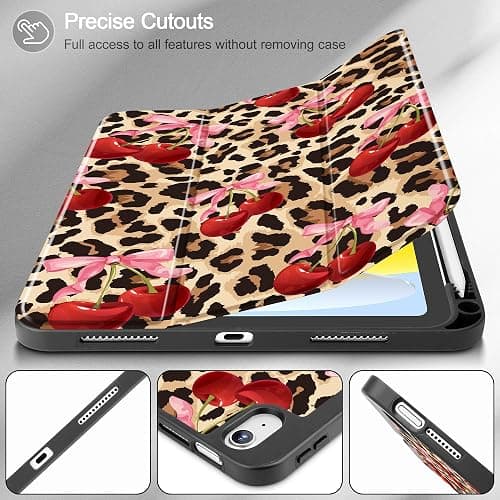 May Chen for iPad (A16) 11th Generation Case 11 Inch 2025, iPad 10th Gen Case 2022 10.9 inch, Trifold Stand with Auto Wake/Sleep Soft TPU Protective Stand Back Cover, Cherry & Cheetah thumbnail 6