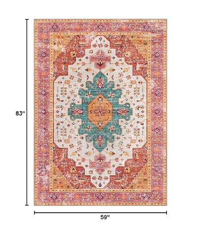 Moynesa Ultra-Thin Washable Vintage Area Rug - 5x7 Large Bedroom Boho Non-Slip Non-Shedding Living Room Mat Oriental Medallion Floor Carpet for Kids Nursery Room Office, Pink/Teal/Multi thumbnail 2