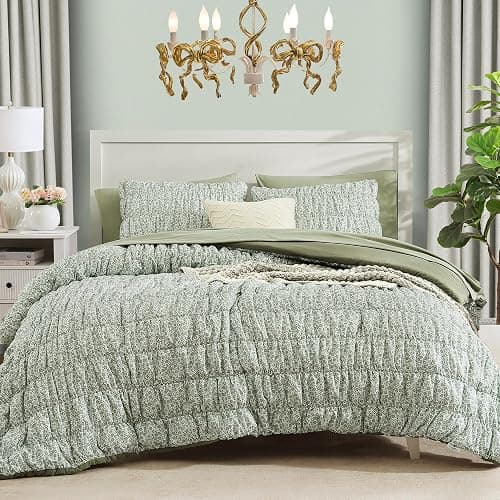 BLOOMHAVEN Twin XL Size Comforter Sets-5 Pieces Puff Sage Green Floral Bedding Set for All Seasons, Shabby Chic Farmhouse Bed in a Bag Twin XL with Floral Comforter, Sheets, Pillowcases & Shams thumbnail 2