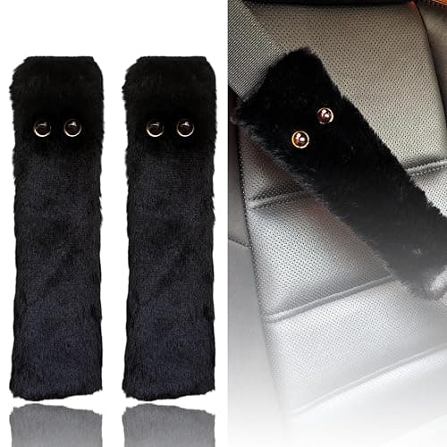 LeRoc Black Cat Eyes Seat Belt Strap Cover Pad, Cute Funny Kawaii Interior Car Accessories Decor, for Auto Car Truck Pickup 2025, Artificial Soft Wool, Fluffy Shoulder Neck Cushion Protector, 2 PCS - Image 1