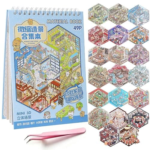 3D Sticker Scene Books for Adults, 20PCS Reusable Sticker Book Set, DIY Miniature House & Shop Scenes, Cute Sticker Scenes Kit, Creative Hobby & Stress Relief Gift - Image 1