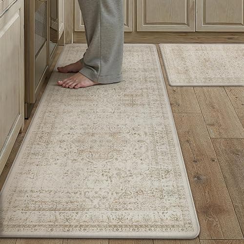 WondRg Vintage Kitchen Mats for Floor Anti Fatigue Waterproof Kitchen Rugs Sets of 2 Beige Cushioned Non-Slip Kitchen Mats Comfort Standing Mat for Sink Laundry Office 17.3"×47"+17.3"×30" - Image 1