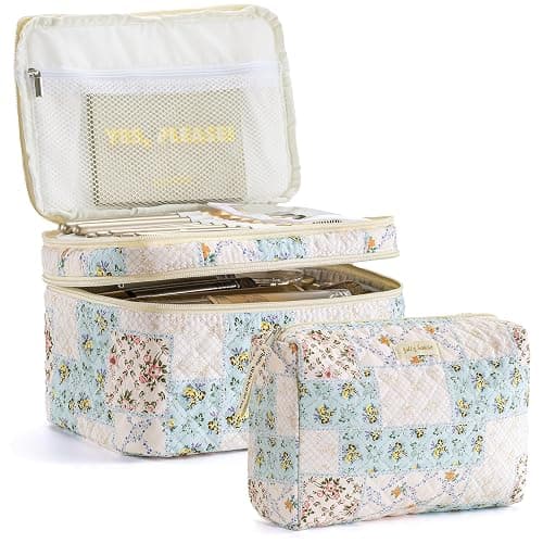 2 Pack Floral Double Layer Quilted Makeup Bag  - Image 1