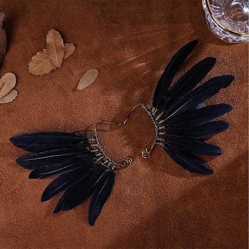 FRESHME Black Faux Feather Ear Cuffs - Indian Ethnic Plume Ear Clips Viking Tribal Earrings Bronze Wire Wrapped Fairy Elf Ear Cuffs Wraps Fantasy Jewelry for Unisex Cosplay Costume Dress Accessories thumbnail 5