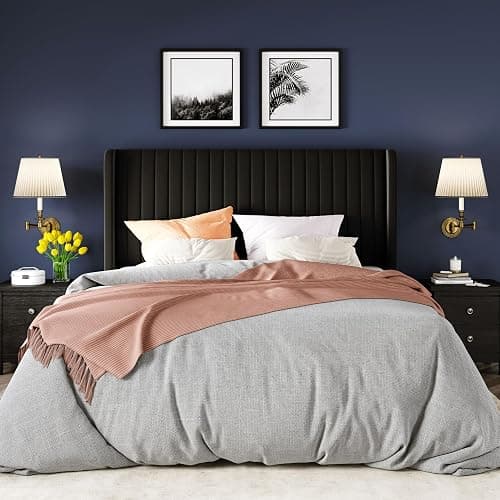 Allewie Full Size Velvet Bed Frame/Vertical Channel Tufted Wingback Headboard/Upholstered Platform Bed/Strong Wooden Slats/No Box Spring Needed/Easy Assembly/Black thumbnail 3