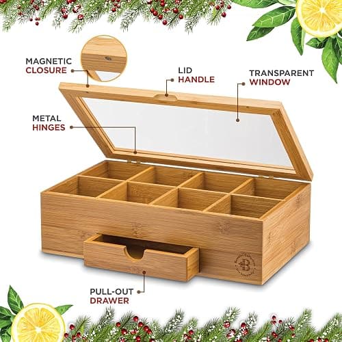 Tea Bag Organizer - Christmas Gift Bamboo Tea Box Organizer Storage Box, Tea Bag Holder with Drawer & Acrylic Window, Magnetic Lid Keeps Tea Bags Fresh - Tea Organizer Caddy (Tea Not Included) thumbnail 6