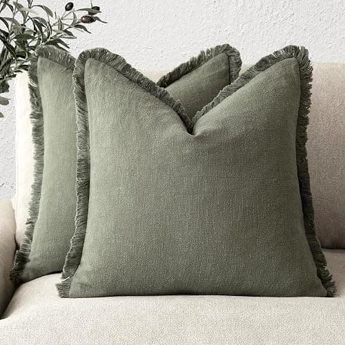 Foindtower Set of 2 Decorative Linen Fringe Throw Pillow Covers Cozy Boho Farmhouse Cushion Cover with Tassels Soft Accent Pillowcase for Couch Sofa Bed Living Room Home Decor, 22×22 Inch, Olive Green - Image 1