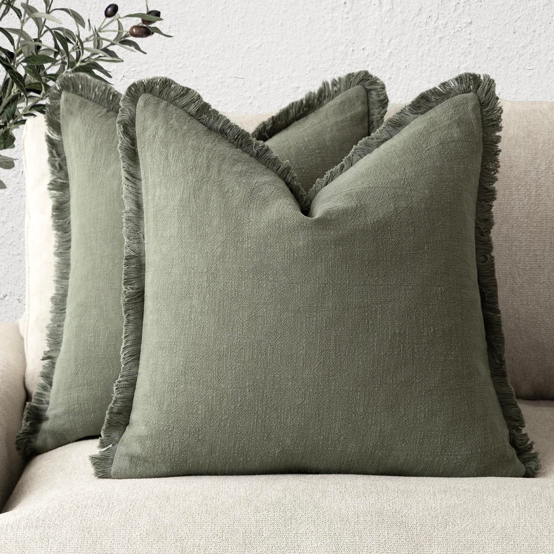 Foindtower Set of 2 Decorative Linen Edges Throw Pillow Covers Cozy Farmhouse Boho Tassels Cushion Cover Soft Accent Pillowcase for Sofa Bed Living Room Home Decor 50×50cm Olive Green - Image 1