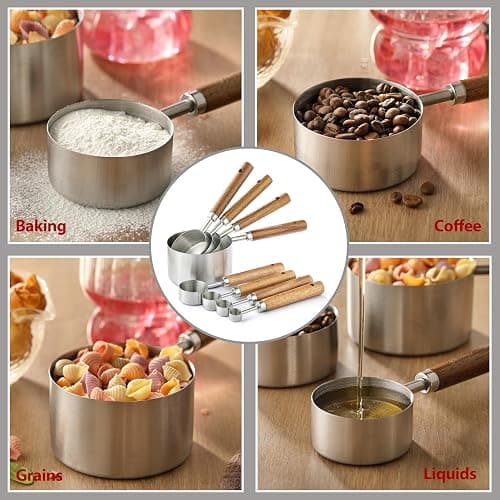 8PCS Measuring Cups, DAJLFA Stainless Steel Measuring Cups and Spoons Set with Ergonomic Wooden Handle for Cooking & Baking thumbnail 5
