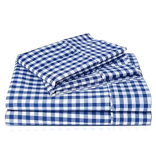 Cotton Queen Sheet Set 4 Piece Gingham Bed Sets, Soft, Smooth, Durable, Easy Care, 16" Deep Pocket Checkered Queen Sheets - 1 Flat, 1 Fitted, 2 Pillowcases Blue Color - Checkered Blue - Queen thumbnail 4