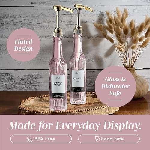 COOK WITH COLOR Glass Coffee Syrup Dispenser with Pump- Set of 2 Syrup Bottles for Coffee Bar, Decorative 350 ML Bottle with Ceramic Holder, Funnel, Labels and Extra Pumps, Textured Pink thumbnail 4