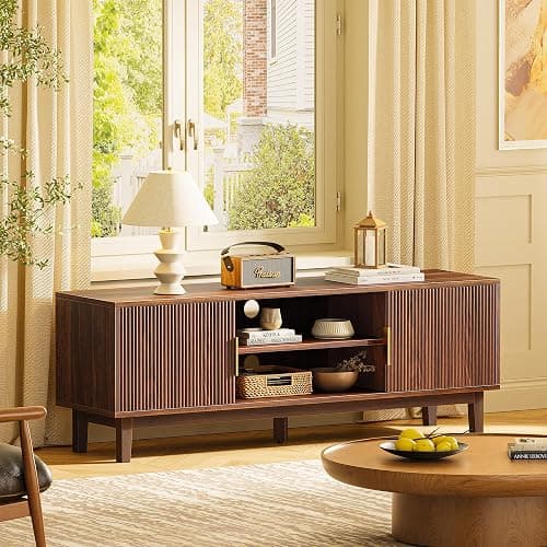 PRAISUN 54 Inch Fluted TV Stand for TVs Up to 55, 60 Inch, Mid Century Modern Entertainment Center with Storage, TV Console with Adjustable Shelves, Midea Console for Living Room Bedroom, Brown thumbnail 8