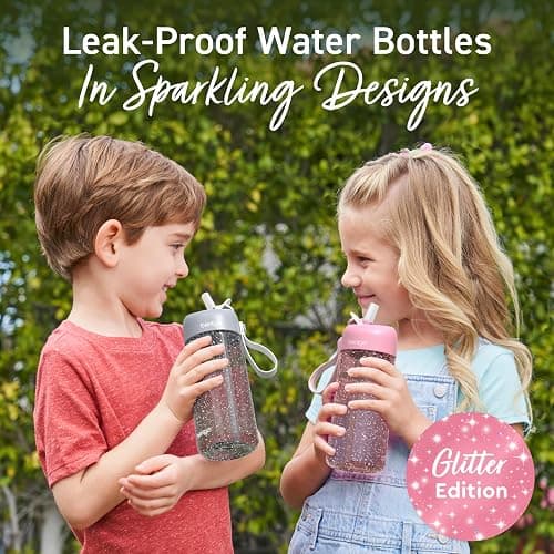 Bentgo Kids Water Bottle - Leak-Proof, Durable Tritan, BPA-Free 15 oz. Cup for Kids/Toddlers Ages 3+, Bite & Sip Spout, Carrying Handle, & Dishwasher Safe for School (Glitter Edition - Petal Pink) thumbnail 3