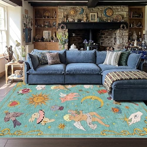 Kokia 8x10 Celestial Sun Moon Unique Fresh Turquoise Soft Washable Area Rug | Low Pile Non-Slip Carpet with Vintage Whimsical Boho Decorative Pattern; Cottagecore Style for Living Rooms or Large Bedrooms thumbnail 7
