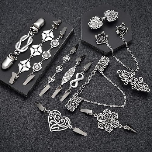 Tornito 12pcs Vintage Sweater Shawl Clips Retro Cardigan Collar Shirt Waist Dresses Chain Clip Antique Flowers Pattern Brooch Pins for Women thumbnail 5