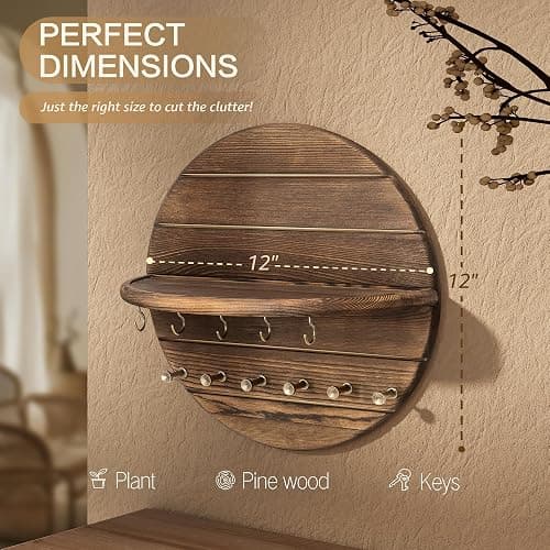 Rebee Vision Pine Wood Key Holder Wall Mount – Rustic Wooden Key Hooks for Wall with Shelf – Decorative Mail Organizer, Coat Rack & Dog Leash Holder for Home Decor, Entryway and Living Room (Brown) thumbnail 2