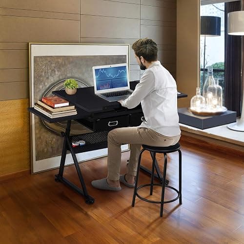 Yaheetech Drafting Table for Artists, Height Adjustable Drawing Desk Art/Craft Desk Diamond Paintings Work Station w/ 2 Storage Drawers and Stool for Home Office School, Black - Black - Large thumbnail 4