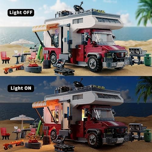 TYCOLE City Camper Van Building Set-Beach Camping Themed Construction Toy Kit with Mini Accessories&Lights, RV Car Model Compatible with Legos,Birthday Gift for Adults and Kids 6+(880 pcs) thumbnail 7