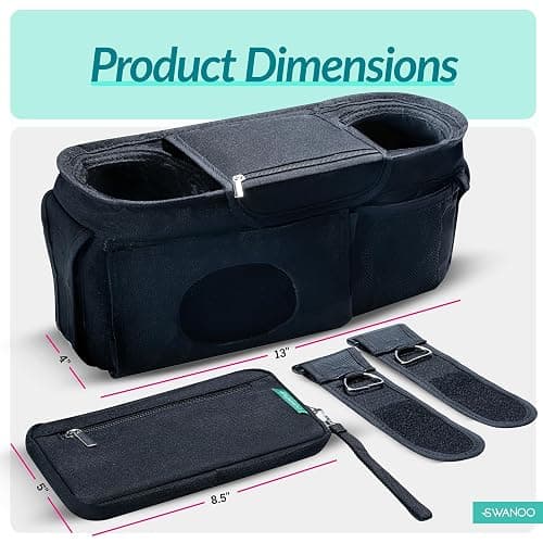 Swanoo Stroller Caddy Organizer With Cup Holder, Non Slip Straps Bag for Phone, Pet Stroller Accessories, Universal Fits Uppababby Vista v2 Wonderfold Wagon, Doona and More thumbnail 7