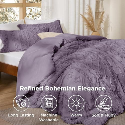 Bedsure Tufted Boho Comforter Set Queen Size - Grayish Purple Boho Bed Set, GentleSoft™ 3 Pieces Farmhouse Shabby Chic Embroidery Bedding, Gifts for Woman, Jacquard Queen Comforter for All Seasons thumbnail 3