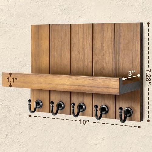 Rebee Vision Decorative Key Holder for Wall - Rustic Key Hooks with Shelf and Mail Organizer Wall Mount for Farmhouse Decor Living Room - Home Essentials for New Home (Retro Brown) thumbnail 3