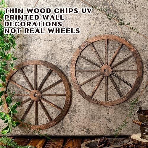 Qunclay 2 Pcs Wagon Wheel Decor Wooden Western Cowboy Party Decorations Vintage Rustic Wagon Wheel Wood Cartwheel Decor for Bar Garage Indoor Outdoor (Brown,12 Inch) thumbnail 4