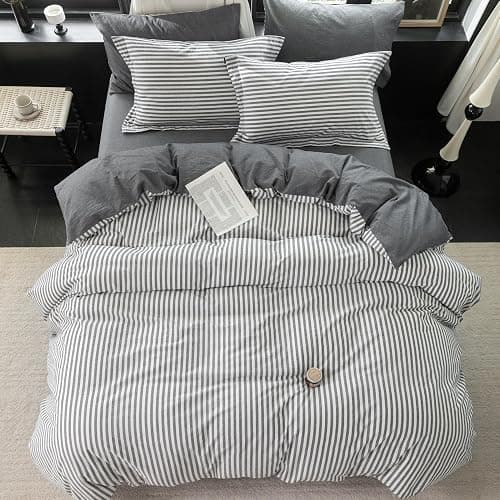 Warm Moment 3Pcs Reversible Grey White Medium Striped King Duvet Cover Set | Solid Grey Reverse,Linen Feel,Washed Cotton,1 Duvet Cover & 2 Pillow Shams,Hidden Zipper,Soft Breathable8 Corner Ties thumbnail 7