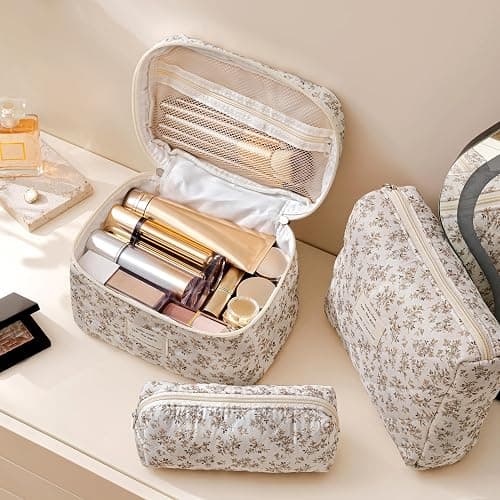 HBselect Quilted Makeup Bag, 3PCS Cotton Large Travel Makeup Bag, Cute Floral Coquette Make up Bag Cosmetic Bag Toiletry Bag for Women Girls thumbnail 2
