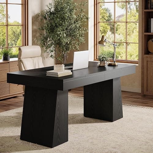 Tribesigns 55" Executive Desk, Wooden Office Desk with Double Pedestal, Modern Simple Computer Writing Table for Home Office, Black thumbnail 3
