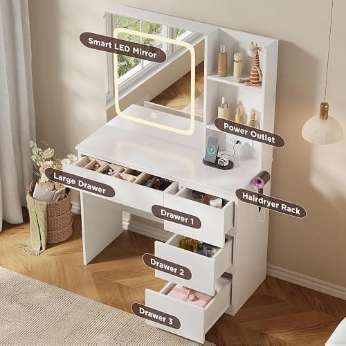 Vabches Make Up Vanity Desk with Charging Station, Vanity Set with Mirror and Stool and Lights,Dressing Table with 4 Drawers & Storage Shelves,37inch, White thumbnail 5