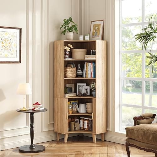 Vudanfe Tall Corner Cabinet with Fluted Doors, 5-Tier Coffee Bar Cabinet with Storage, Narrow Storage Cabinets with Adjustable Shelves, Bathroom Organizers and Storage for Small Space, Natural thumbnail 7
