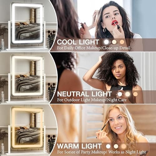 FENNIO Vanity Mirror with Lights - 15"x12.6" LED Lighted Makeup Mirror, Large Makeup Mirror with Lights, Touch Screen with 3-Color Lighting, Dimmable, for Vanity Desk Tabletop, Bedroom thumbnail 4