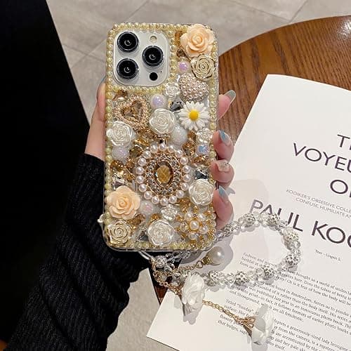iFiLOVE for iPhone 14 Pro Bling Diamond Case with Flower Strap, 3D Luxury Sparkle Glitter Crystal Rhinestone Pearl Love Rose Wristband Bracelet Case Cover for Girls Women Kids (Champagne) thumbnail 3